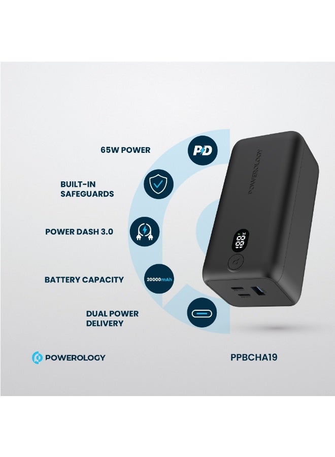 باورولوجي بنك طاقة Onyx بسعة 20000mAh بقوة 65W، شاحن فائق السرعة PD للكمبيوتر المحمول، إخراج بثلاث منافذ (2xUSB-C، 1xUSB-A)، شاشة LED، للكمبيوترات المحمولة، الأجهزة اللوحية، والهواتف الذكية، باللون الأسود - Image 4